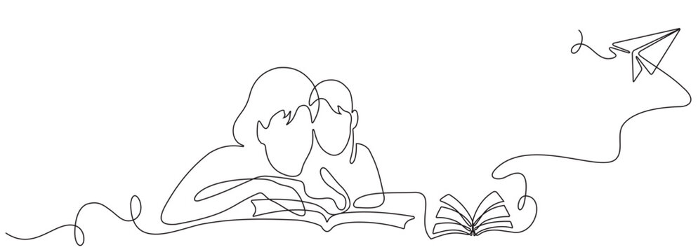 mother and child reading a book with a flying paper airplane drawn with a continuous line. Linear symbol of education and lighting
