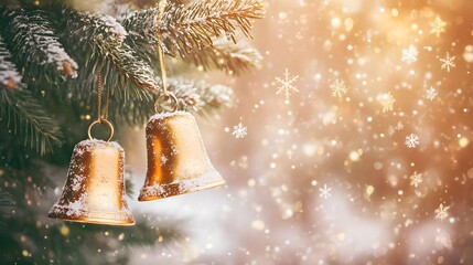 Christmas, Bells, Golden bells, Golden Bells on Snowy Christmas Tree Branch