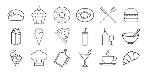 Collection of food and drink line icons isolated on white background