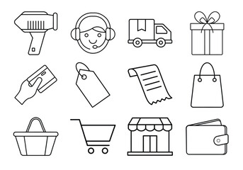 Twelve simple line icons for online shopping and retail isolated on white background