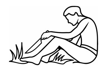 Man Sitting Outdoors Cutting His Leg Line Art Illustration