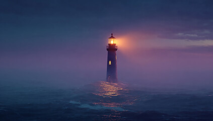 Illuminated Lighthouse on Dark Purple Ocean Waves at Twilight a