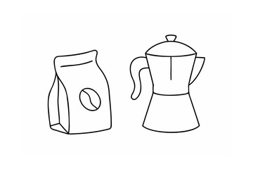 Coffee Bean Bag and Moka Pot Line Drawing coffee maker