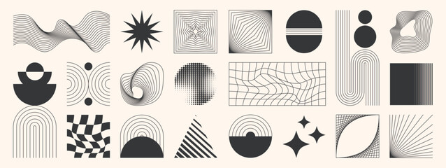 Naklejka na ściany i meble Abstract minimal element mid century vector set. Aesthetic contemporary stripe line art, geometric shape in monochrome. Art form design for wall art, decoration, wallpaper.
