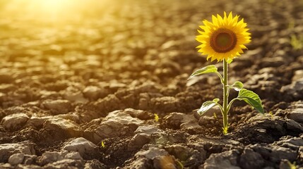 Sunflower, Single, One, Single Sunflower Growing in Dry Cracked Soil