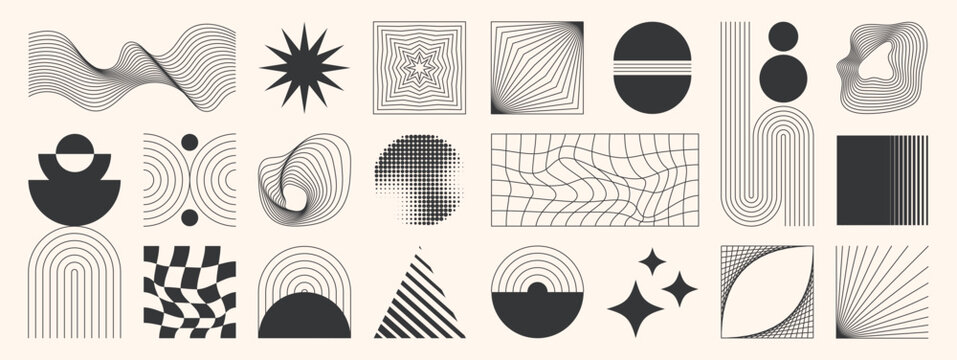 Abstract minimal element mid century vector set. Aesthetic contemporary stripe line art, geometric shape in monochrome. Art form design for wall art, decoration, wallpaper.