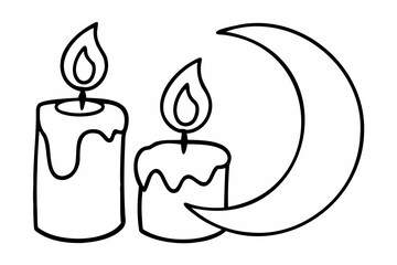 Two Melted Candles and Crescent Moon Line Art black and white