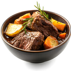 Hearty pot roast with tender beef and vegetables, served warm, isolated on white background.