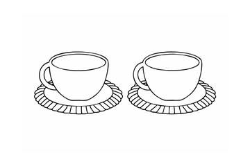 Two Outline Drawings of Coffee Cups on Saucers teacups
