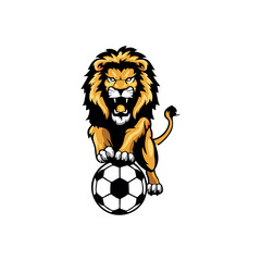 A bold and dynamic vector logo design featuring a roaring lion head combined with a football. The lion symbolizes strength, leadership, and power, while the football element represents the spirit of t