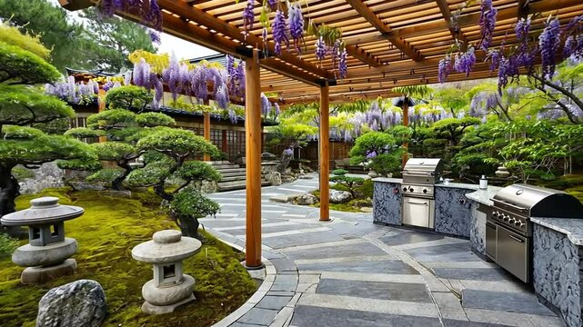 Serene outdoor kitchen in a lush garden surrounded by wisteria and stone lanterns