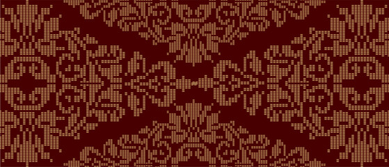 Batik Songket traditional design background. Seamless pattern embroidery Embroidery on fabric. Seamless pattern. Vector illustration for web design or print.