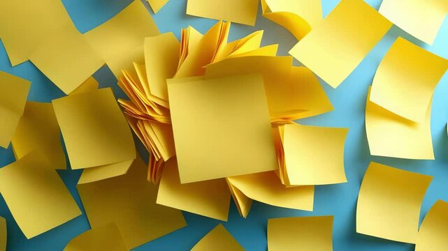 A chaotic arrangement of yellow sticky notes scattered over a blue surface.