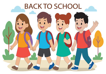 Happy School Kids Walking with Backpacks  Flat Cartoon Back to School Vector. Smiling children holding hands on the first day of school. Cute cartoon vector design perfect for education, and academic.