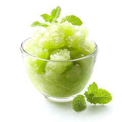 Honeydew granita made with fresh melon and garnished with mint leaves, isolated on white background.