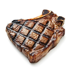 Juicy grilled bone steak with seared grill marks, isolated on white background. 