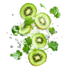Kiwi slices and fresh cilantro leaves floating in sparkling water, isolated on white background.