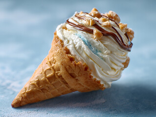 Delicious Ice Cream Cone with Chocolate Sauce and Nut Toppings on Blue