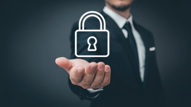 Businessman presenting a digital padlock, symbolizing data security and protection