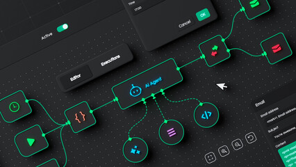Plakat AI workflow automation artificial intelligence software interface nodes triggers data tool dashboard coding icon flow process technology 3d rendering.