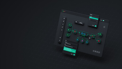 Obraz na płótnie Canvas AI workflow automation artificial intelligence software interface nodes triggers data tool dashboard coding icon flow process technology 3d rendering.