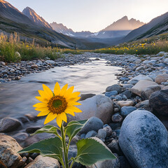 A sunflower at sunrise amid rocky riverbed and majestic mountains.