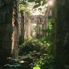Sunlit ruins of an old stone building overgrown with lush green leaves.