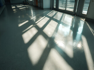 Sunlight Streaming Through Window Creates Shadows on Shiny Indoor Floor