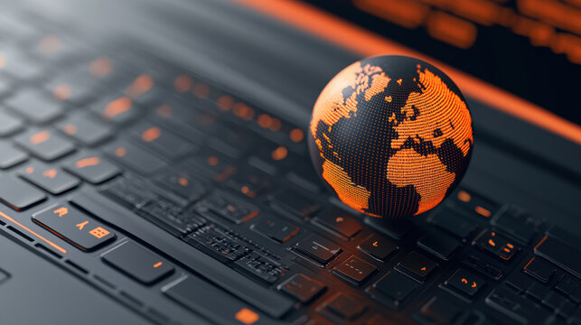 glowing digital globe rests on a black keyboard, symbolizing global technology and connectivity in a modern digital environment.