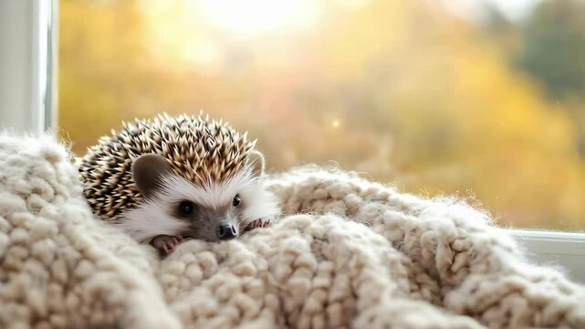 A hedgehog resting on a cozy blanket near a window with a soft, blurred fall background.