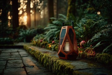 Outdoor Portable Bluetooth Speaker Lantern Illuminated Garden Path Sunset Ambiance