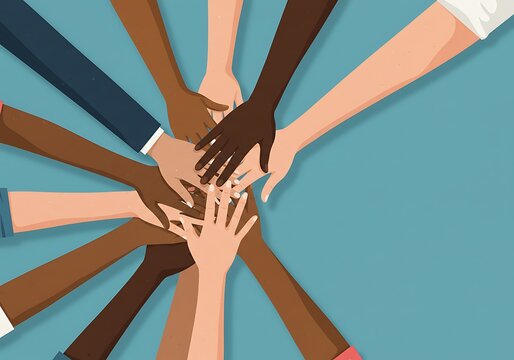 Hands joined in a circle by individuals of various cultures, illustrating cooperation, trust, and strong friendship bonds. A symbol of diversity, unity, and collective commitment within a supportive c