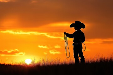 Kid Cowboy Practicing Roping for Rodeo at Sunset. Silhouette of Youth Cowboy in Texas Ranch Background