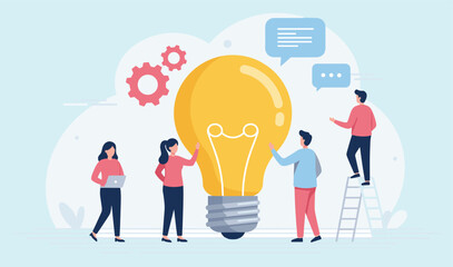  Innovative Idea Generation and Team Collaboration: Business People Working Together Around a Giant Light Bulb, Brainstorming Creative Solutions and Project Development.