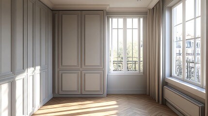 Elegant interior with gray wardrobe windows and herringbone parquet flooring in a stylish residential space