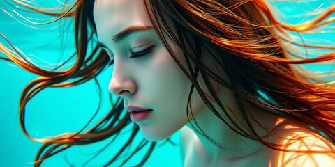 Naklejka premium Subtle curves, flowing locks, serene face; minimalist underwater scene, wave, clean