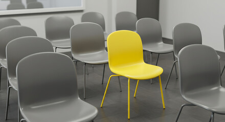 Fototapeta premium Unique yellow chair standing out among white chairs, leadership and individuality business concept, 3D rendering illustration