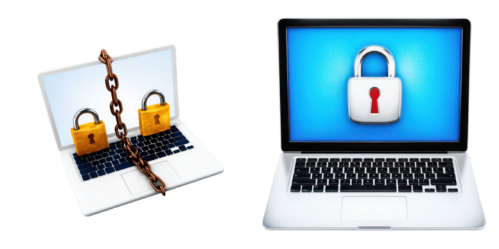 Locked laptops with a padlock and chain symbolizing security.