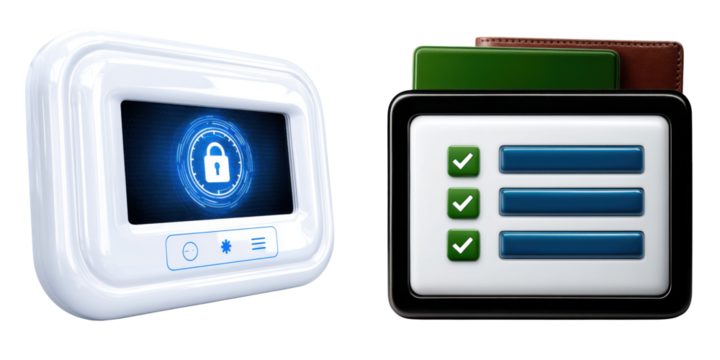 Digital security interface with checklists and a lock symbol.