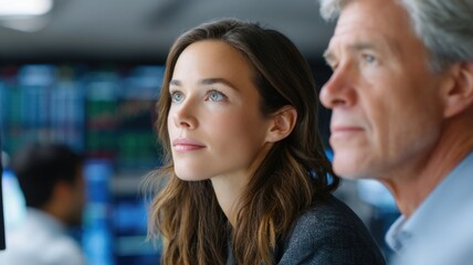 Fototapeta premium Two professionals engaged in a serious discussion, focused on financial data and market analysis.