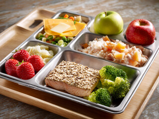 Balanced Healthy School Lunch Meal with Salmon, Fruit, and Vegetables