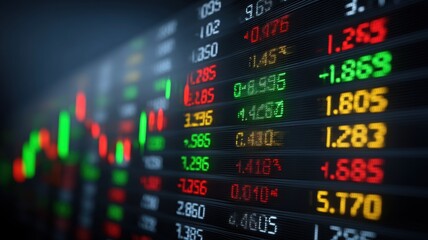 Obraz premium Stock market display with fluctuating prices and indicators in green and red colors.