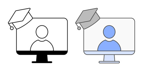 Tech training session icon with monitor, user, and graduation cap, in outline and color styles, ideal for illustrating IT onboarding, employee tech education, and cloud-based training programs.