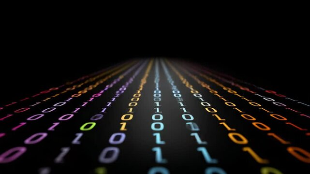 Colorful binary code lines black background showcasing digital data technology programming concepts