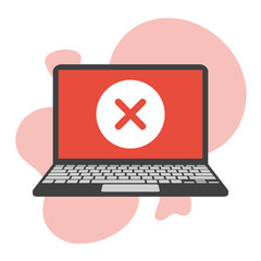 laptop display with red fatal error message, broken operation system or software flat vector illustration