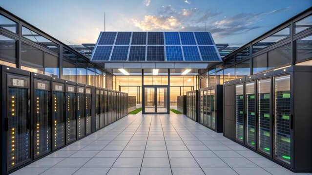 Modern data center with solar panels on the roof, featuring rows of server racks and a bright, energy-efficient design under a clear sky.
