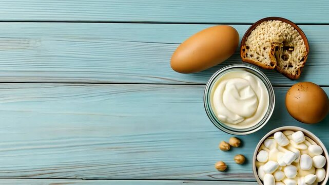 Overhead view of fresh raw ingredients including cream eggs bread and marshmallows on a light blue wooden background with copy space