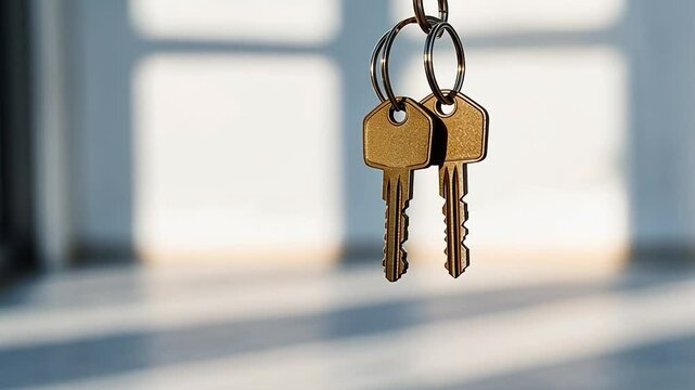 Two golden keys on a metal keyring against a sunlit blurred background showing light patterns and shadows