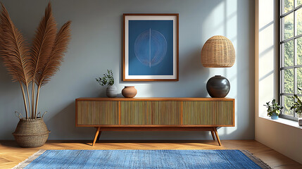 Elegant living room interior with mid century modern furniture and blue accents in minimalist aesthetic setting