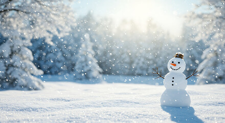 Obraz premium Snowman in winter landscape with falling snowflakes and white snowy background, festive seasonal scene winter holidays